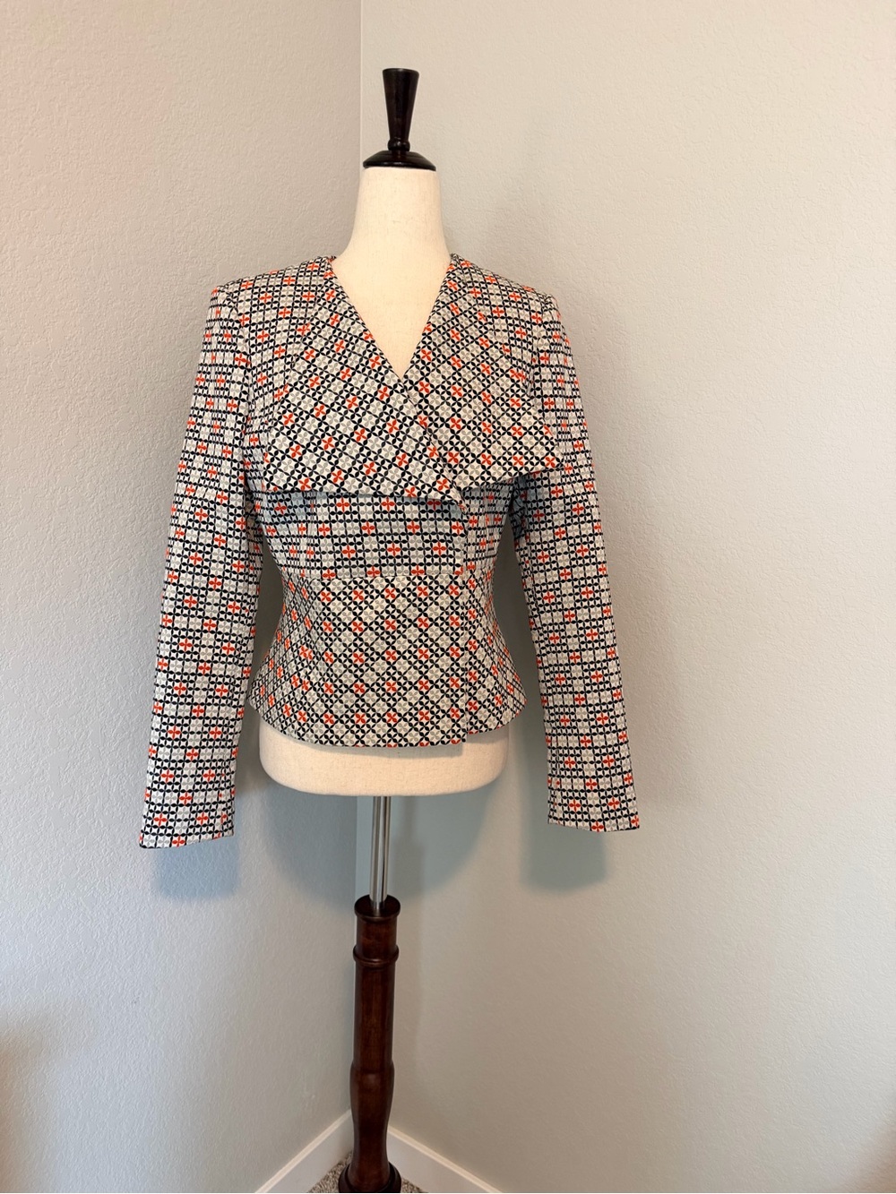 Santorelli Italy Geometric Blazer Jacket Orange Cream Black Size 4
